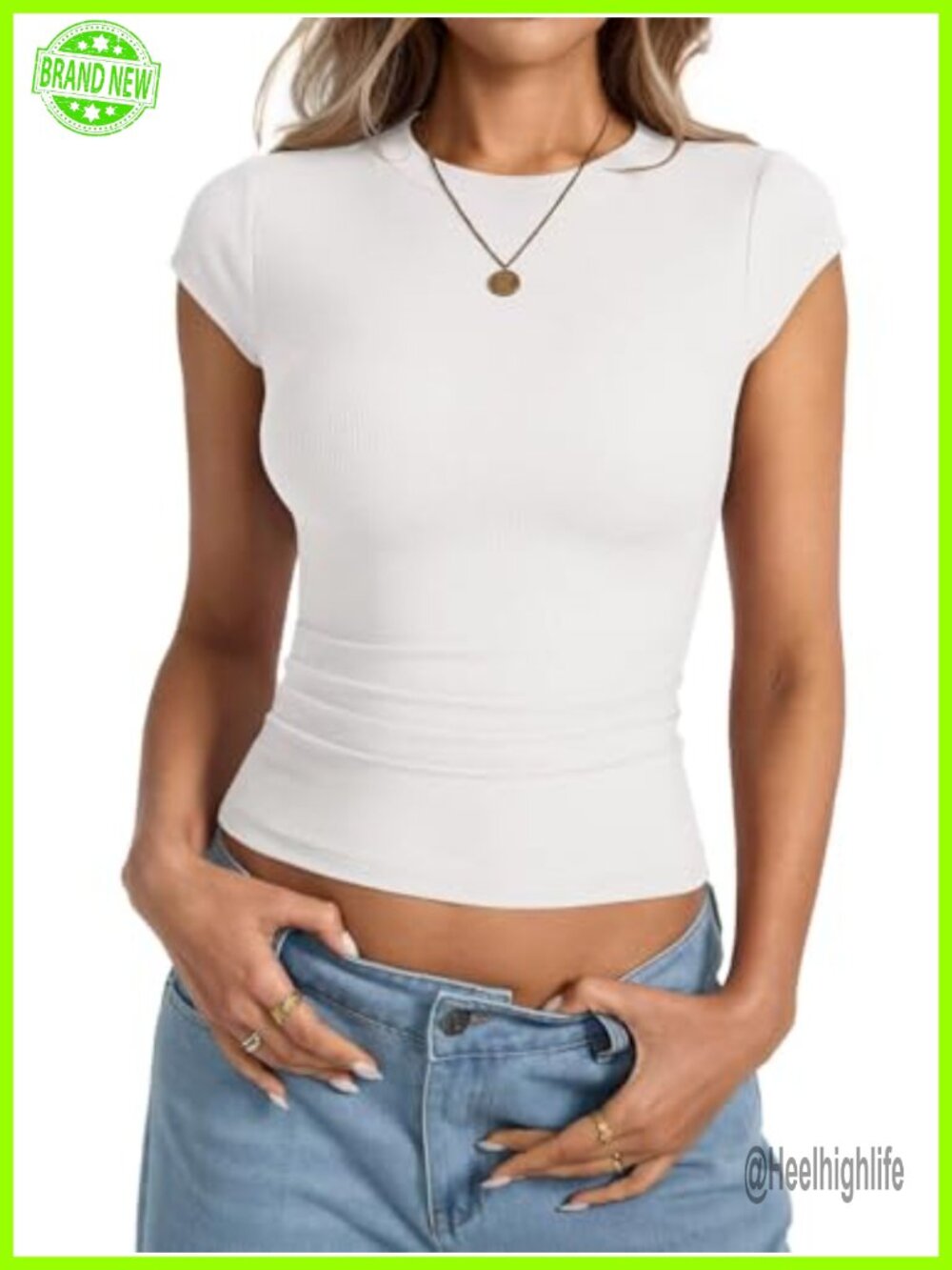 Ribbed Cap Sleeve Crew Neck T-Shirt Summer Fitted Basic Top
